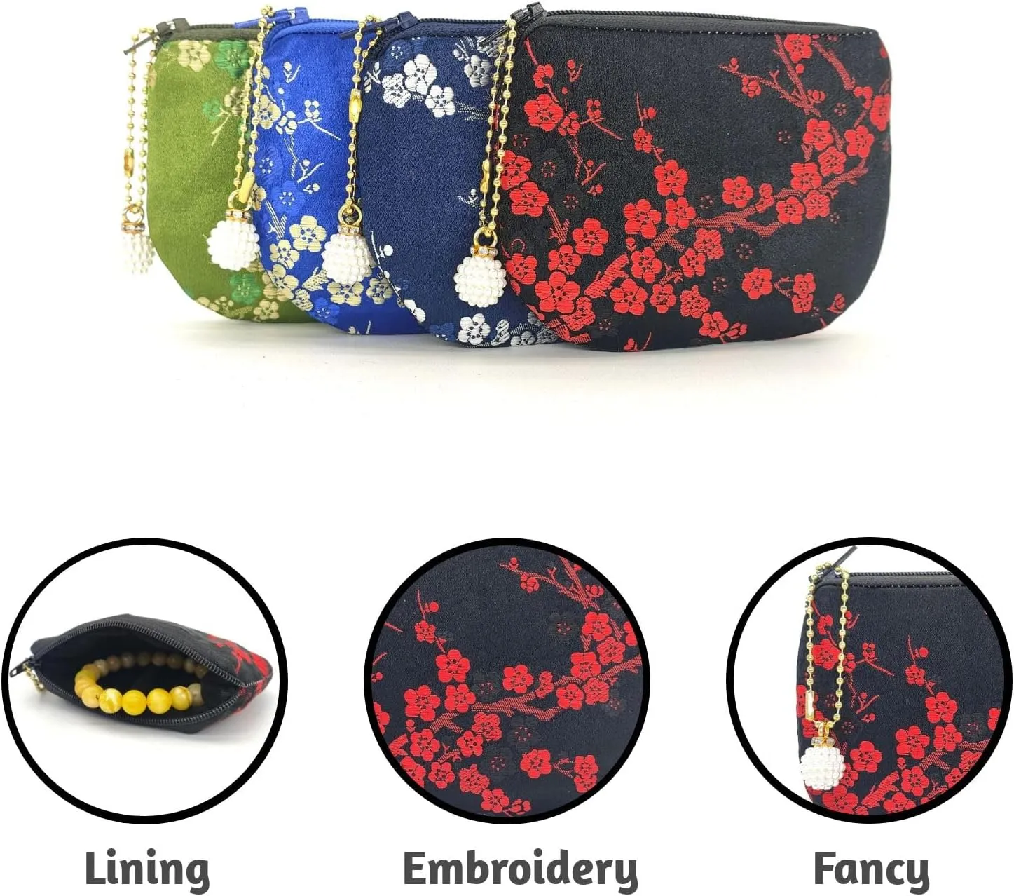Handmade Women Coin Purse Brocade Rosary Bag Silk Jewelry Pouch Zipper Wallet - Black