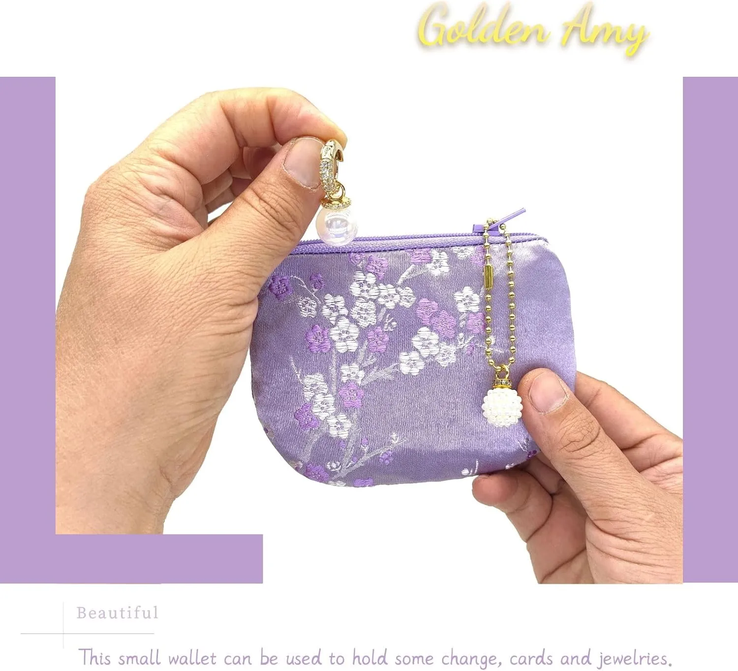 Handmade Women Coin Purse Brocade Rosary Bag Silk Jewelry Pouch Zipper Wallet - Blue Violet