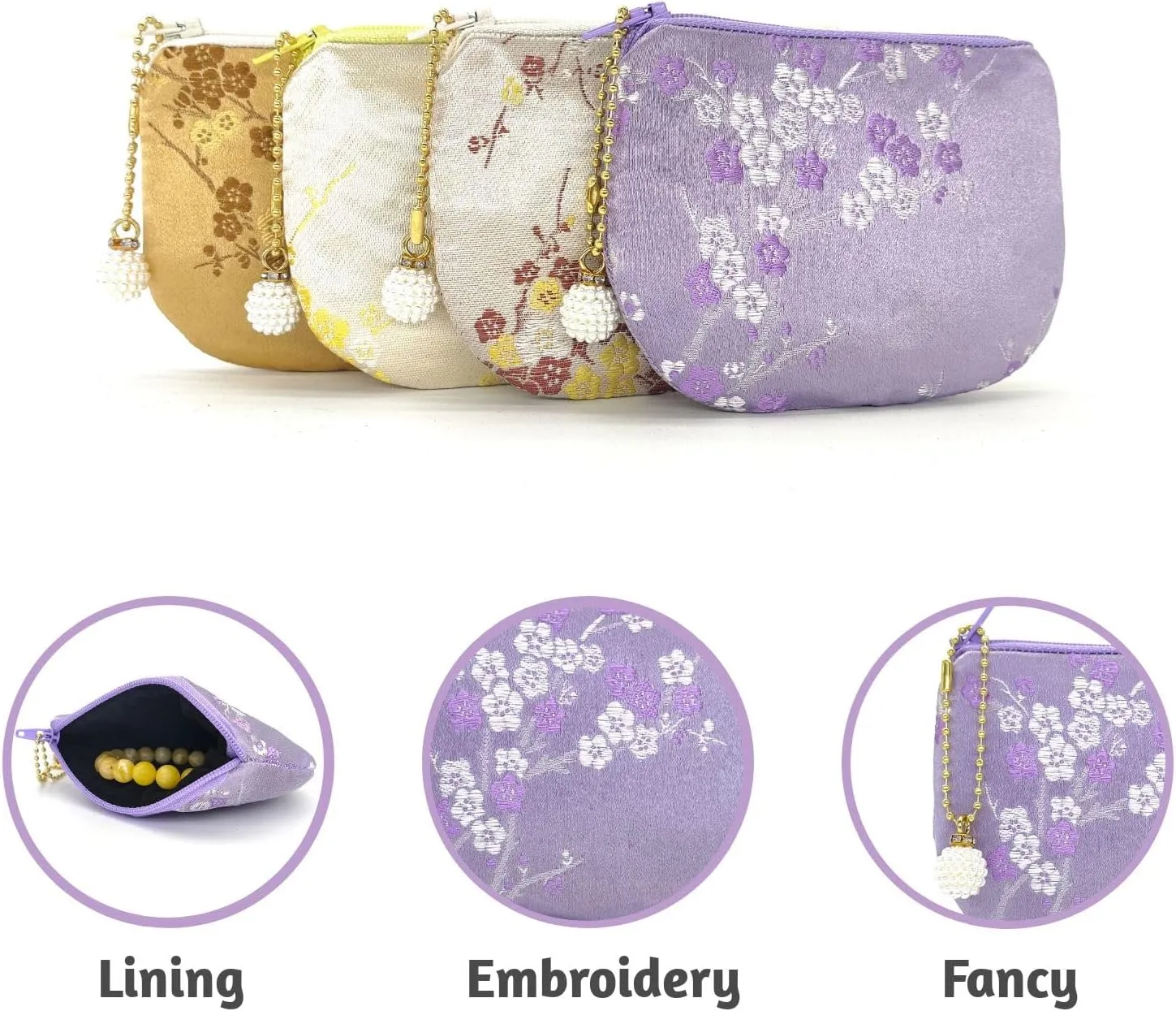 Handmade Women Coin Purse Brocade Rosary Bag Silk Jewelry Pouch Zipper Wallet - Blue Violet