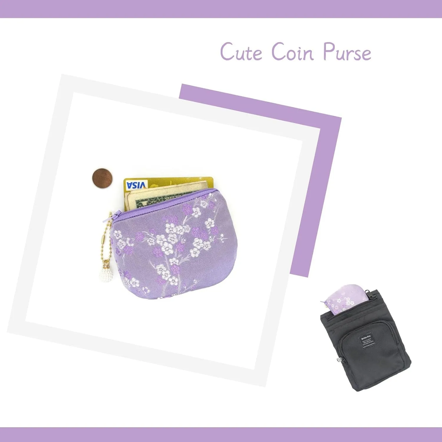 Handmade Women Coin Purse Brocade Rosary Bag Silk Jewelry Pouch Zipper Wallet - Blue Violet