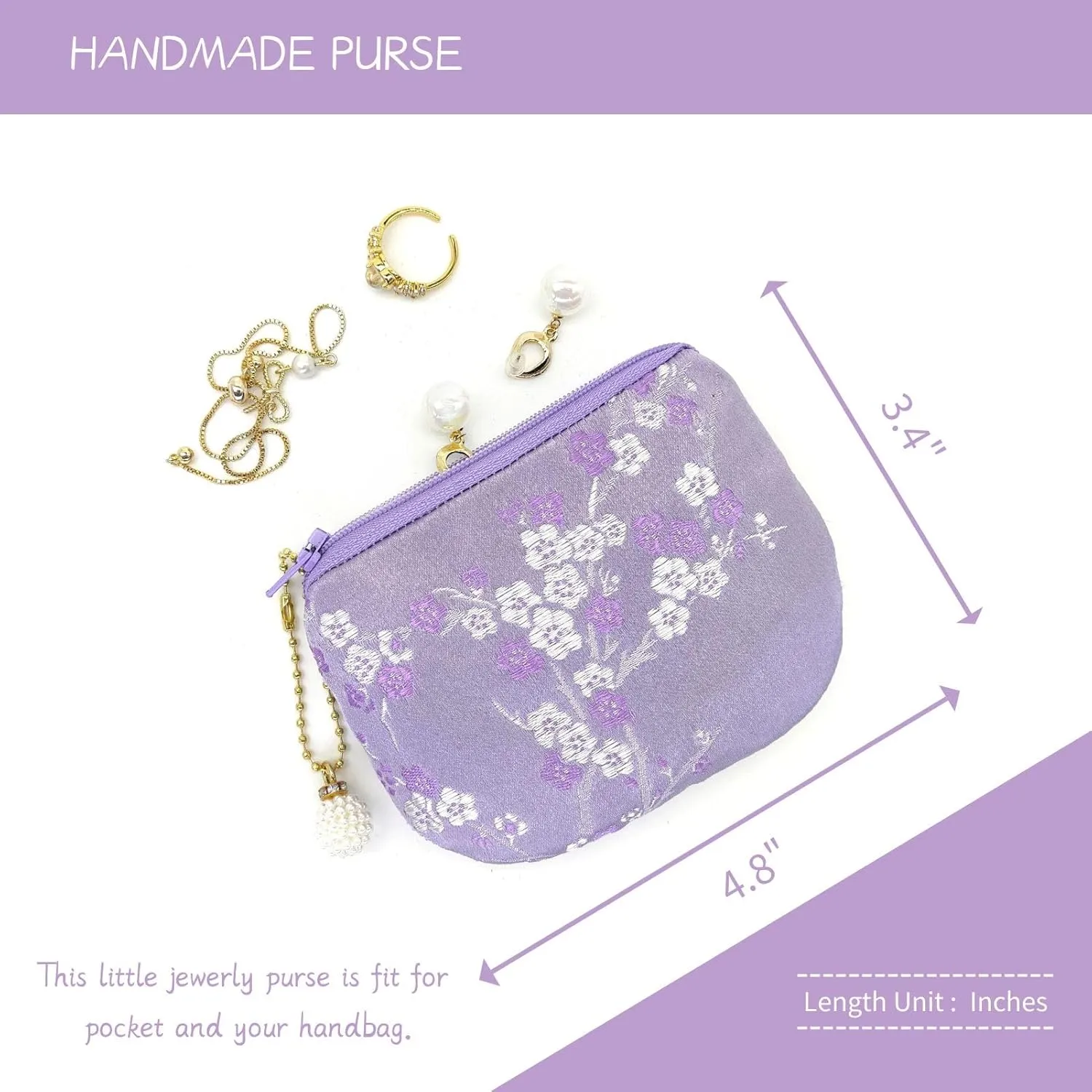 Handmade Women Coin Purse Brocade Rosary Bag Silk Jewelry Pouch Zipper Wallet - Blue Violet