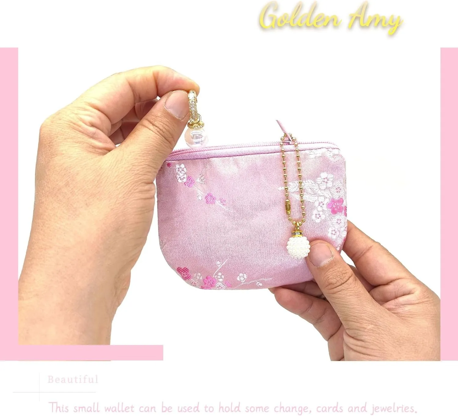 Handmade Women Coin Purse Brocade Rosary Bag Silk Jewelry Pouch Zipper Wallet - Pink
