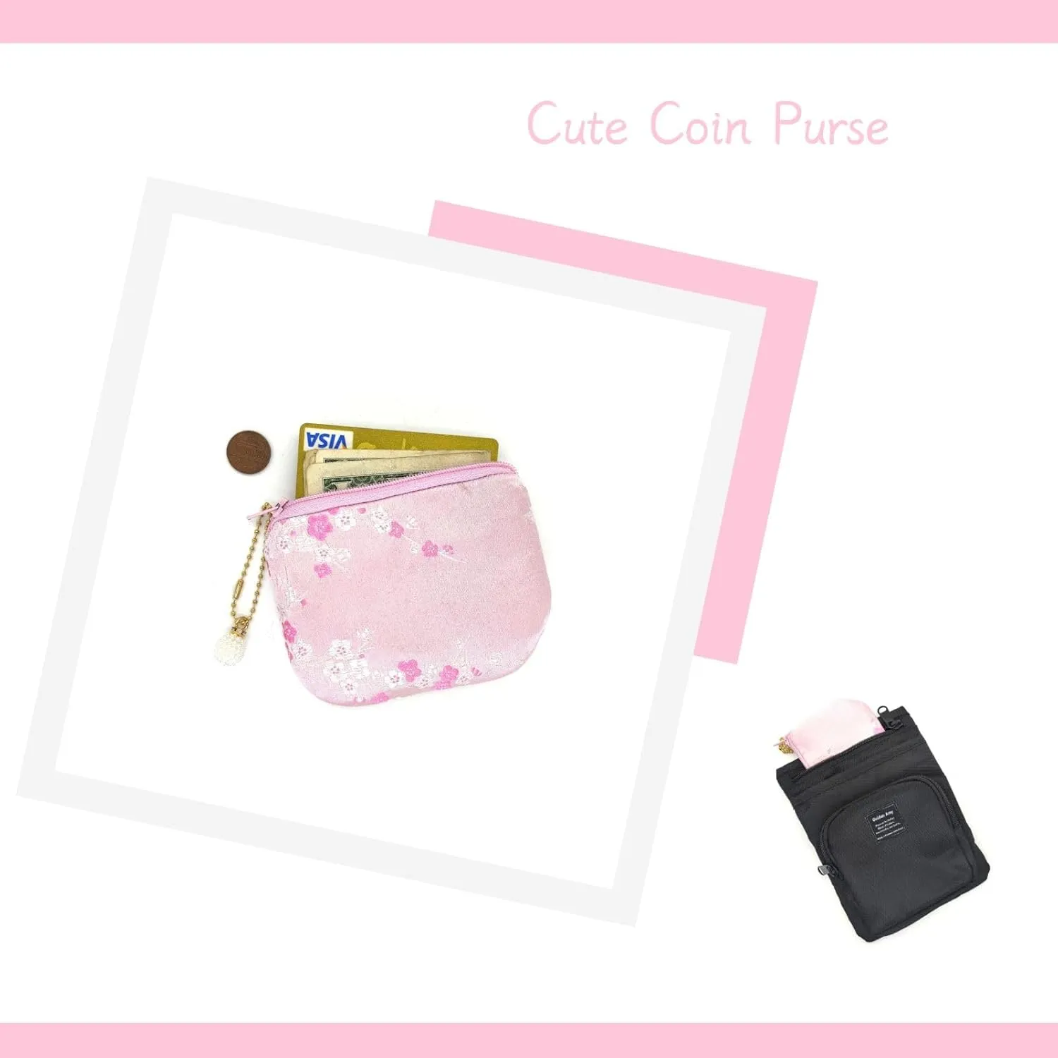 Handmade Women Coin Purse Brocade Rosary Bag Silk Jewelry Pouch Zipper Wallet - Pink