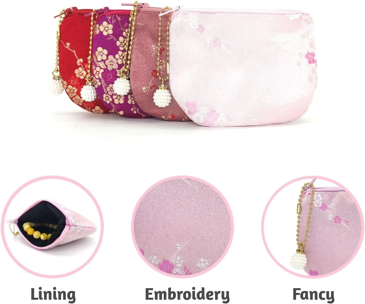 Handmade Women Coin Purse Brocade Rosary Bag Silk Jewelry Pouch Zipper Wallet - Pink