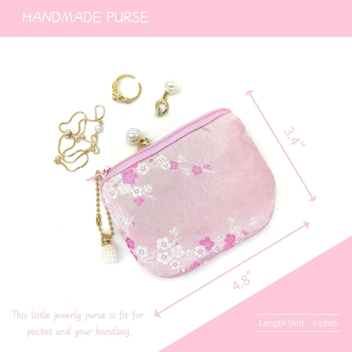 Handmade Women Coin Purse Brocade Rosary Bag Silk Jewelry Pouch Zipper Wallet - Pink