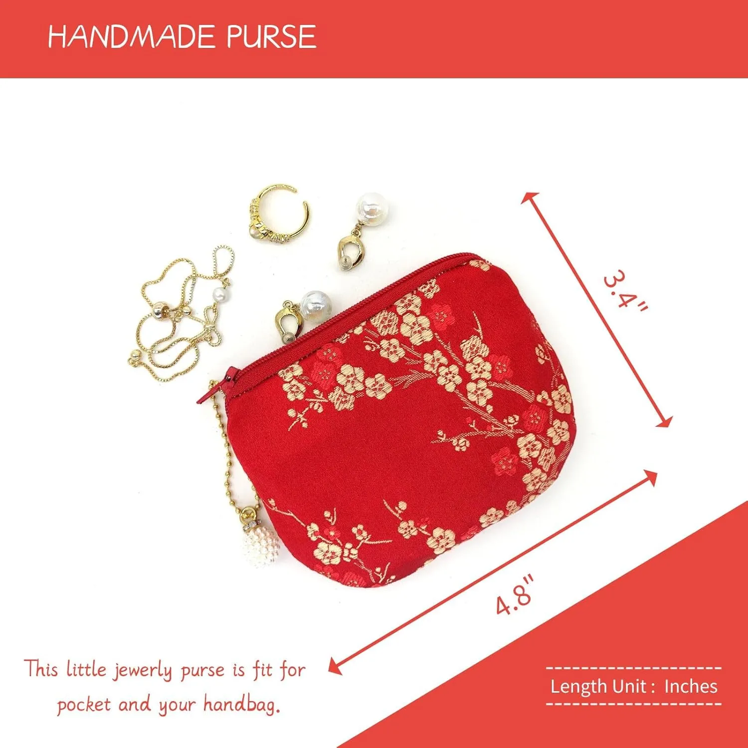 Handmade Women Coin Purse Brocade Rosary Bag Silk Jewelry Pouch Zipper Wallet - Red