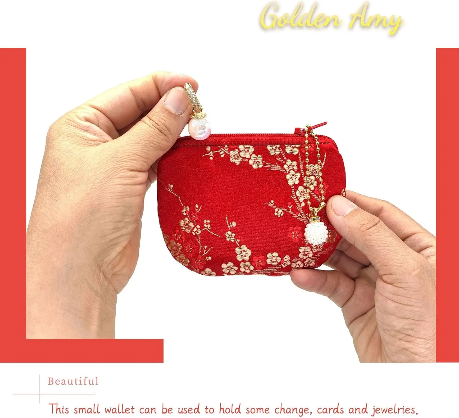 Handmade Women Coin Purse Brocade Rosary Bag Silk Jewelry Pouch Zipper Wallet - Red