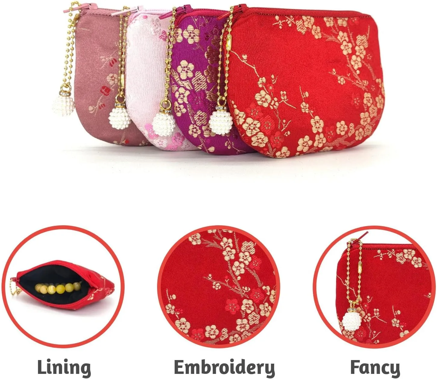 Handmade Women Coin Purse Brocade Rosary Bag Silk Jewelry Pouch Zipper Wallet - Red