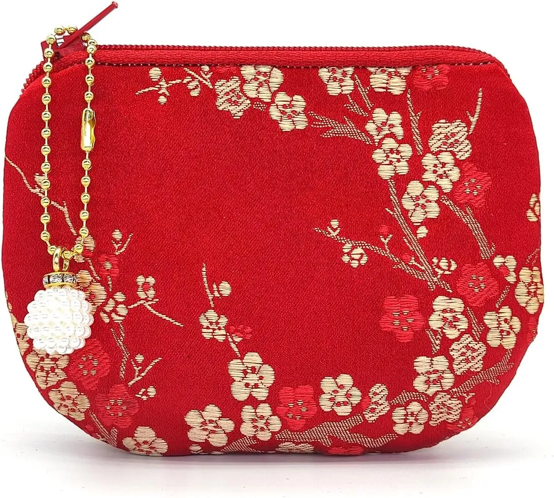 Handmade Women Coin Purse Brocade Rosary Bag Silk Jewelry Pouch Zipper Wallet - Red
