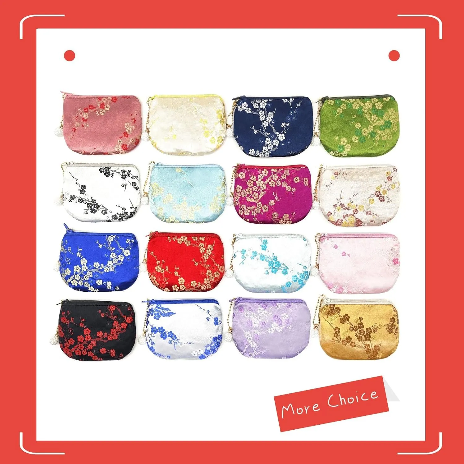 Handmade Women Coin Purse Brocade Rosary Bag Silk Jewelry Pouch Zipper Wallet - Red