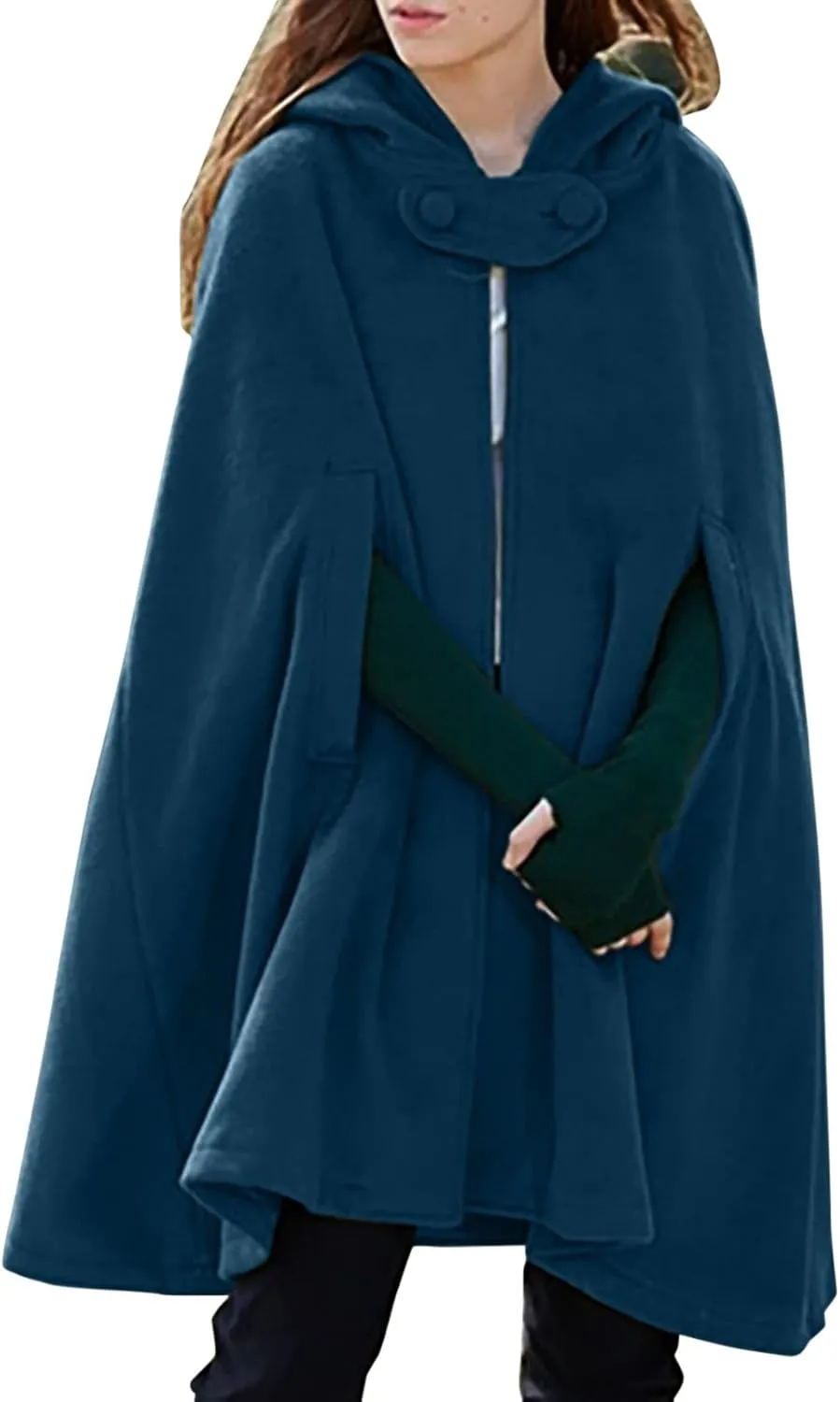 Hooded Medium Women Cape Winter Vintage Overcoat Fashion Button Cloak Woolen Coat Full Zip Fleece for Women Womens Coat