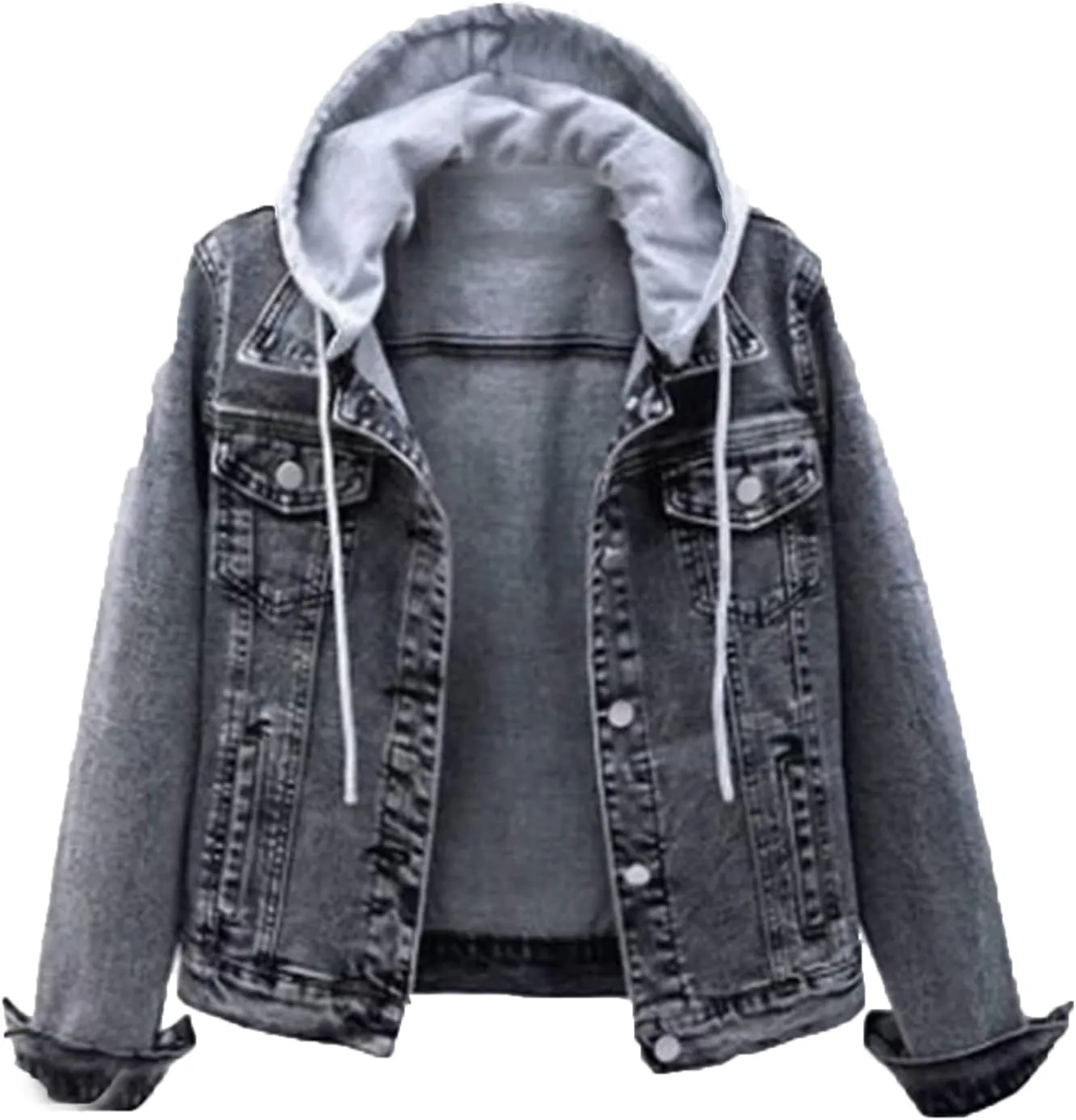 JEsilunmaMY Women's Casual Hoodie Denim Jacket Long Sleeve Button Down Jean Coat Vintage Slim Fit Washed Trucker Jackets