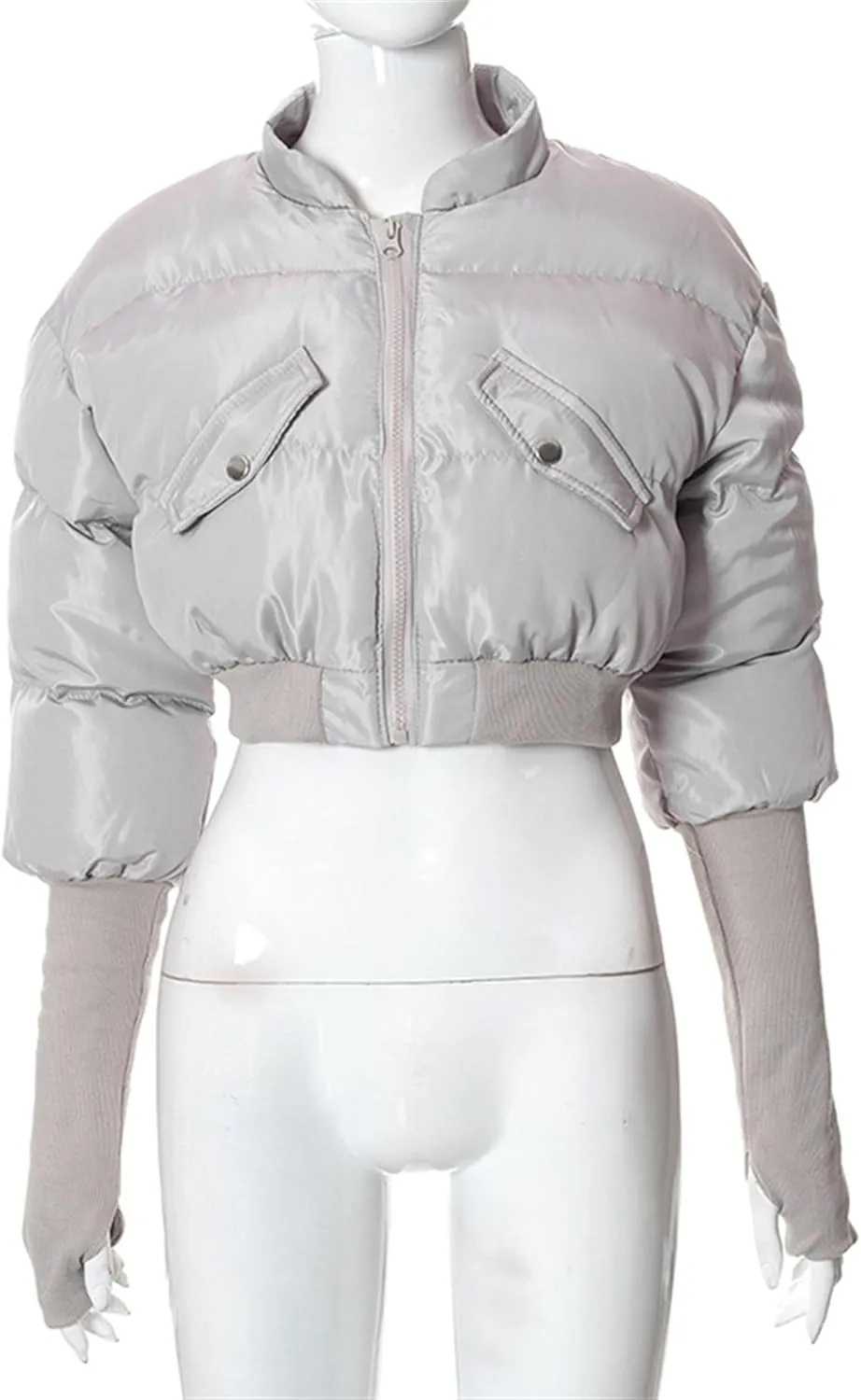 JEsilunmaMY Women's Short Down Jacket with Thumb Holes Stand Collar Zip Up Winter Puffer Jacket Solid Color Cropped Down Coat