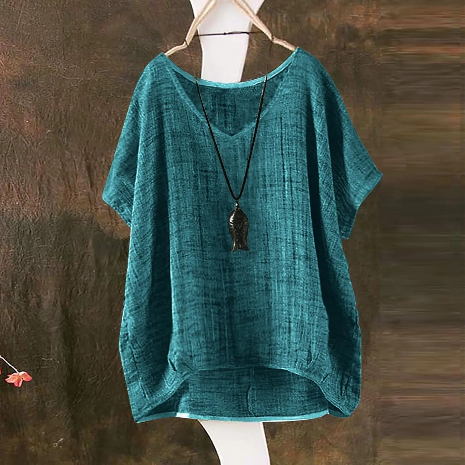 Linen Shirts for Women Summer Trendy Boho Tops, Solid Color Peasant Blouses Short Sleeve Casual Dressy Shirt