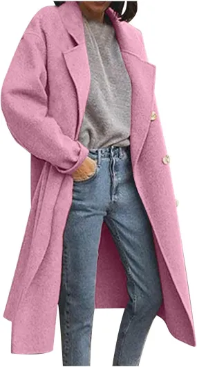 Lmdudan Women Casual Double Breasted Mid Long Pea Coat Winter Notched Lapel Wool Coat Jacket Overcoat Fashion Trench Coats