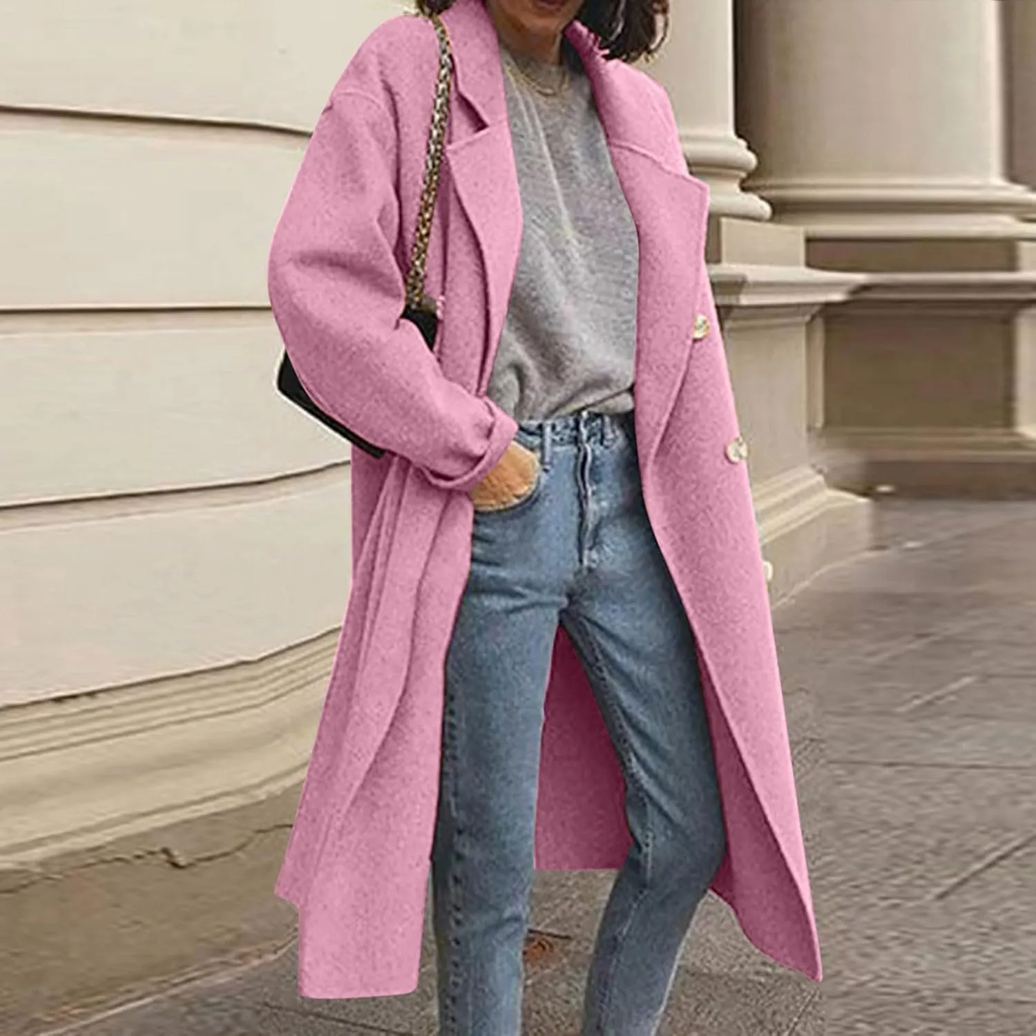 Lmdudan Women Casual Double Breasted Mid Long Pea Coat Winter Notched Lapel Wool Coat Jacket Overcoat Fashion Trench Coats
