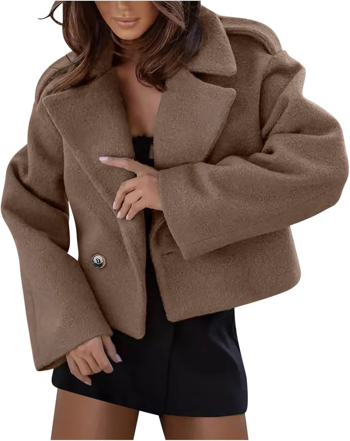 Lmdudan Women's Cropped Wool Blend Coat Notch Lapel Blazer Jacket Business Casual Winter Crop Pea Coat Cardigan Tops