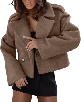 Lmdudan Women's Cropped Wool Blend Coat Notch Lapel Blazer Jacket Business Casual Winter Crop Pea Coat Cardigan Tops