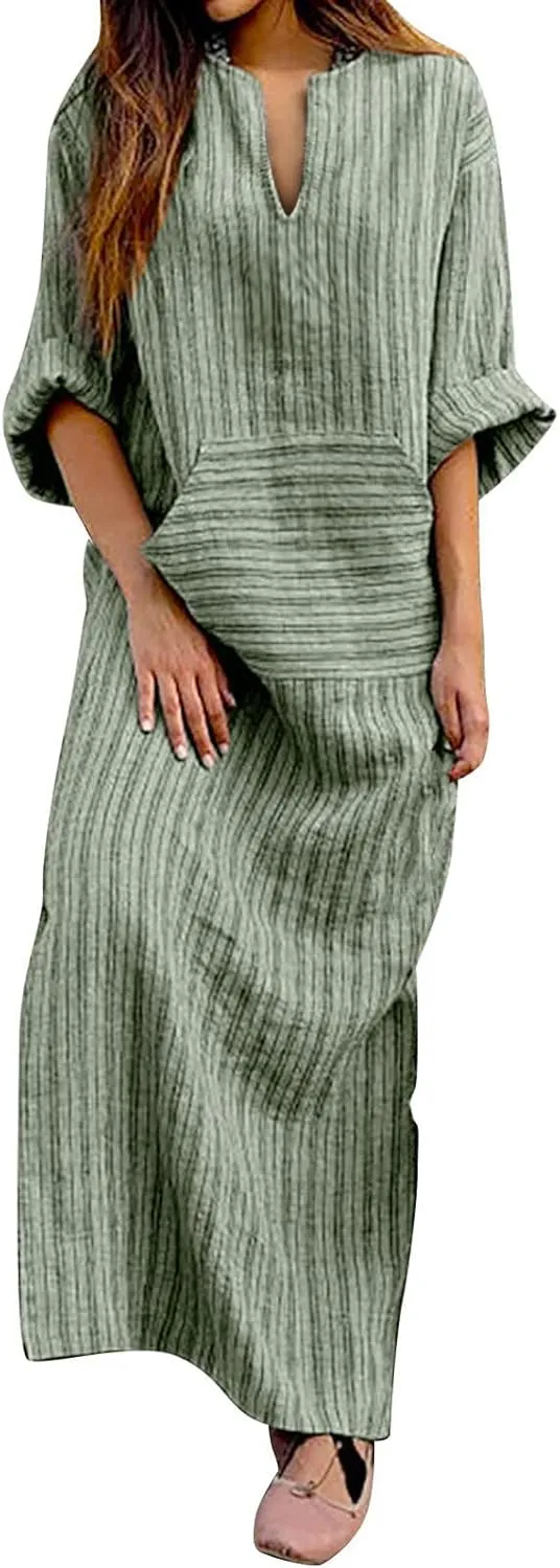 Lpmadey Women Beachwear Plus Size Kaftans Long Swimsuit Cover up Caftan Beach Dress Fashion Striped Cotton Linen Dresses