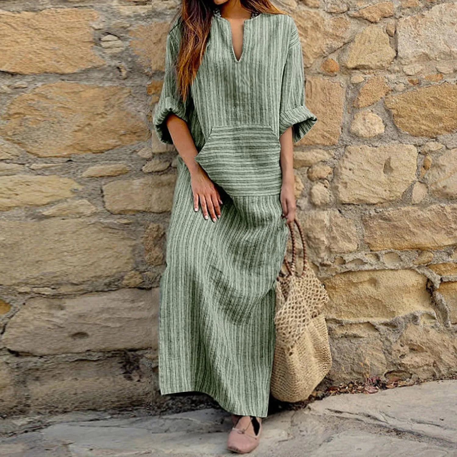 Lpmadey Women Beachwear Plus Size Kaftans Long Swimsuit Cover up Caftan Beach Dress Fashion Striped Cotton Linen Dresses