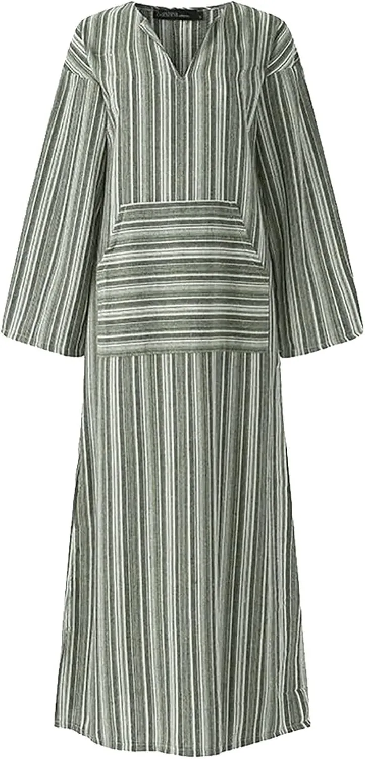 Lpmadey Women Beachwear Plus Size Kaftans Long Swimsuit Cover up Caftan Beach Dress Fashion Striped Cotton Linen Dresses