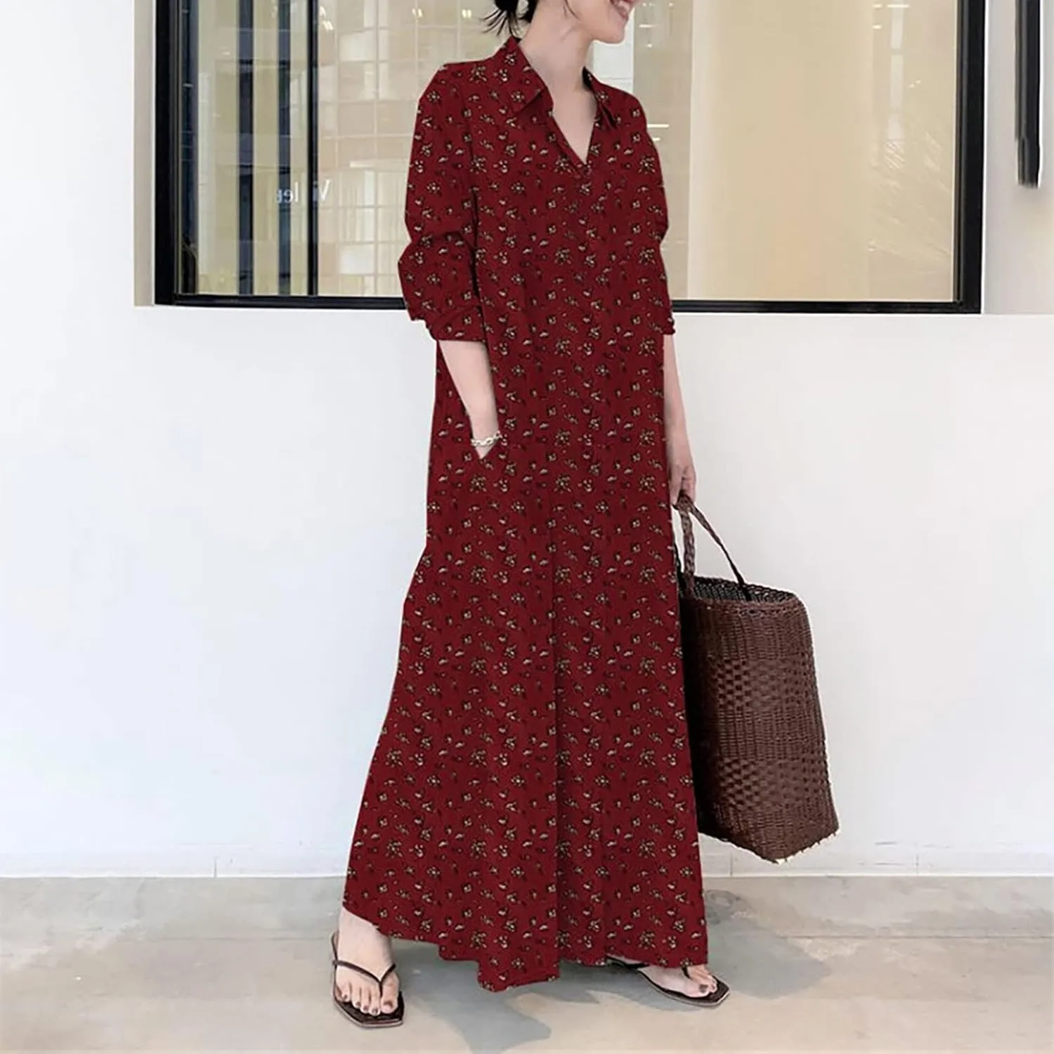 Lpmadey Womens Button Down Shirts Linen Cotton Roll Up Sleeve V Neck Kaftan Dresses Cover Up Shirt Loose Beach Bikini Dress