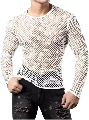 Mens Fishnet Mesh Muscle Shirts Top See Thru Workout Gym Shirts Mesh Base Layer Fishnet Sexy Top Fitted Crew Neck Tee