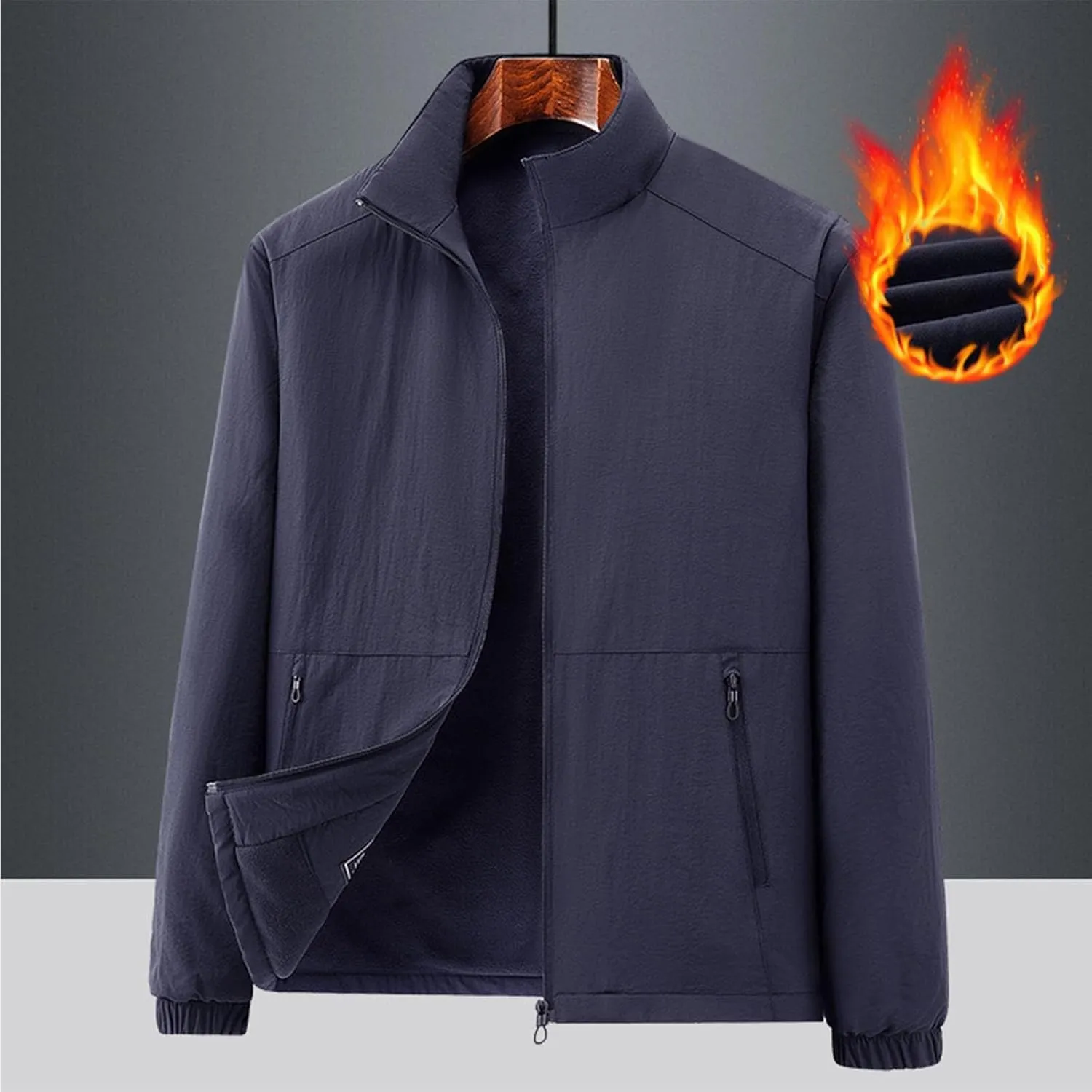 Men's Stand Collar Fleece Sherpa Lined Jacket Warm Full Zip Up Thick Jacket Soft Outwear Winter Coat with Zipper Pocket