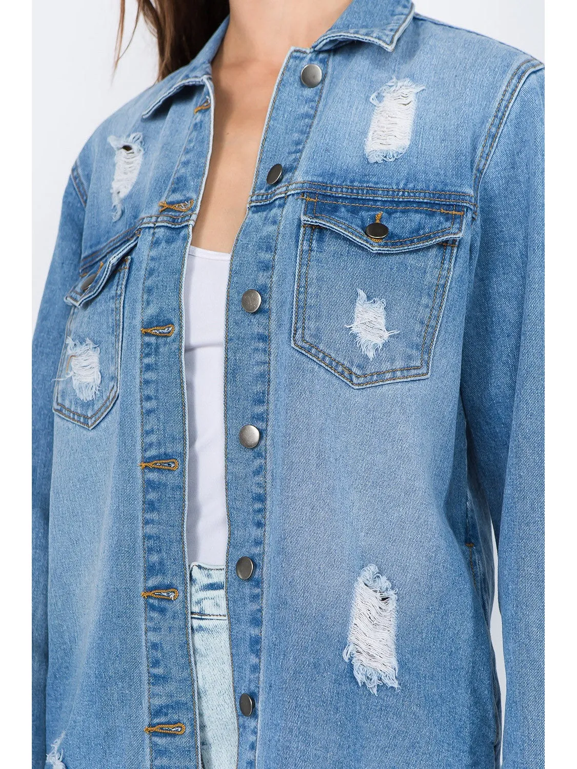 NicholesGifts Women American Bazi Distressed Frayed Hem Denim Jacket