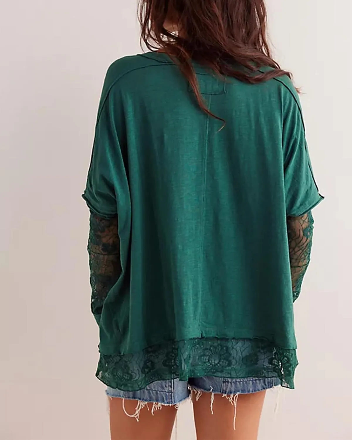 Patchwork Lace T Shirt for Women Crew Neck Long Sleeve Mesh Tops Oversized See Through Tee Tops