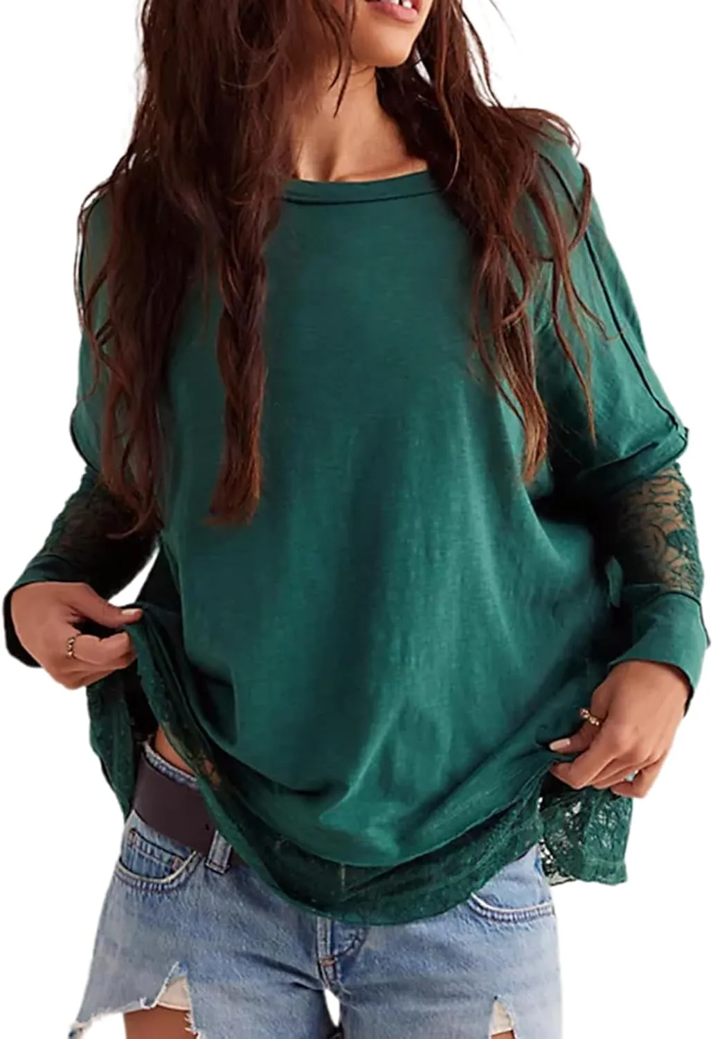 Patchwork Lace T Shirt for Women Crew Neck Long Sleeve Mesh Tops Oversized See Through Tee Tops