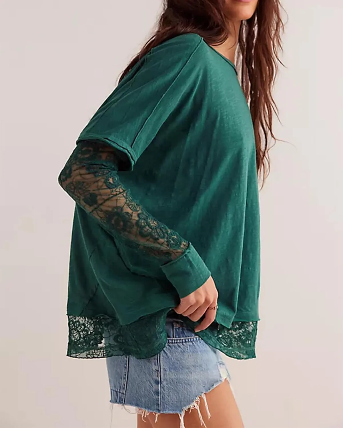 Patchwork Lace T Shirt for Women Crew Neck Long Sleeve Mesh Tops Oversized See Through Tee Tops