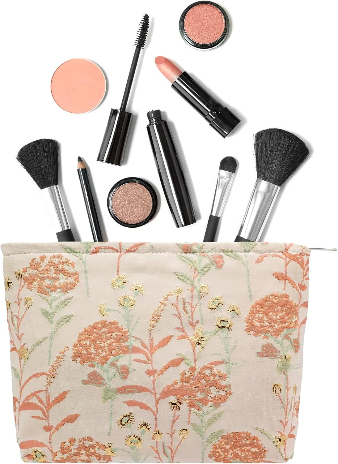PAZIMIIK Makeup Bags for Purse Zipper Cosmetic Pouch Large Travel Canvas Make Up Organizer Tool Pouch for Women and Girls,Brocade Flower Pink