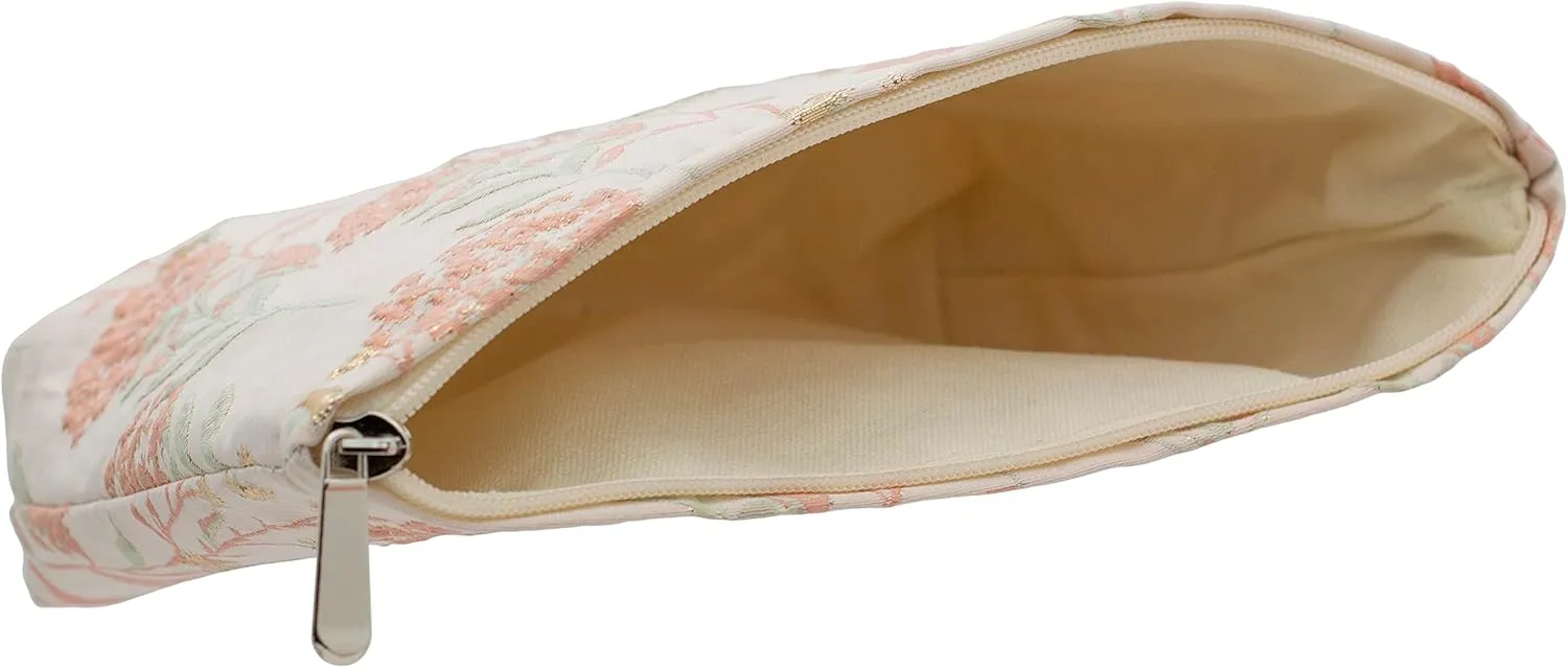PAZIMIIK Makeup Bags for Purse Zipper Cosmetic Pouch Large Travel Canvas Make Up Organizer Tool Pouch for Women and Girls,Brocade Flower Pink