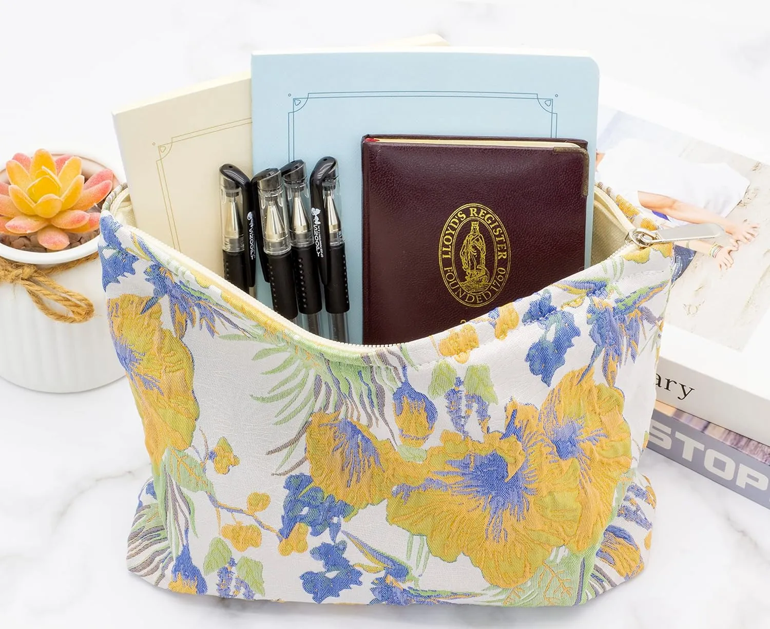 PAZIMIIK Makeup Bags for Purse Zipper Cosmetic Pouch Large Travel Canvas Make Up Organizer Tool Pouch for Women and Girls,Brocade Flower Yellow