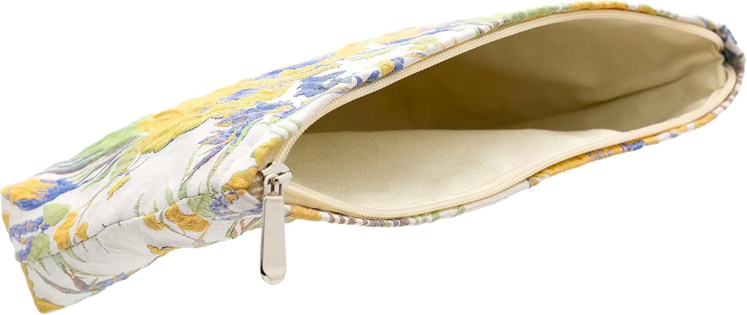 PAZIMIIK Makeup Bags for Purse Zipper Cosmetic Pouch Large Travel Canvas Make Up Organizer Tool Pouch for Women and Girls,Brocade Flower Yellow