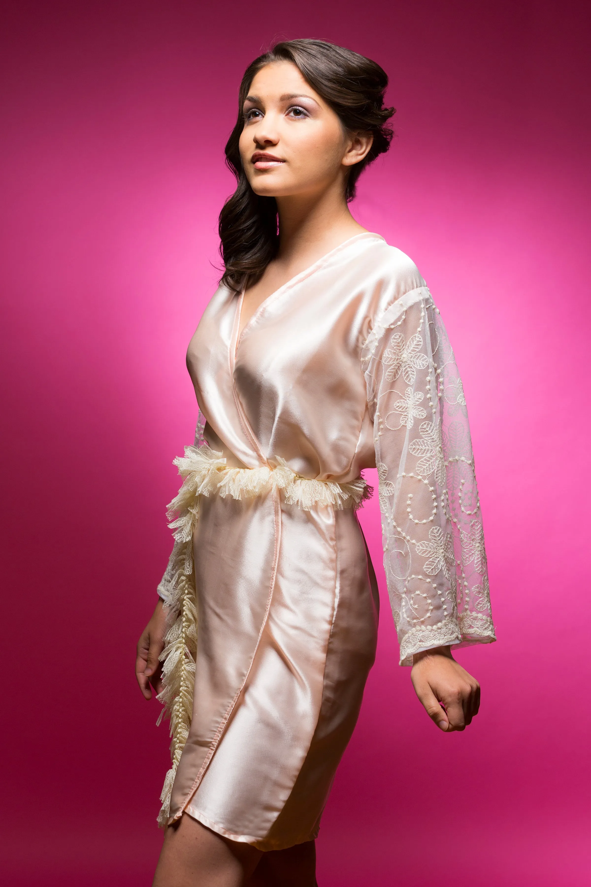 Peach Satin Robe with Lace Sleeves