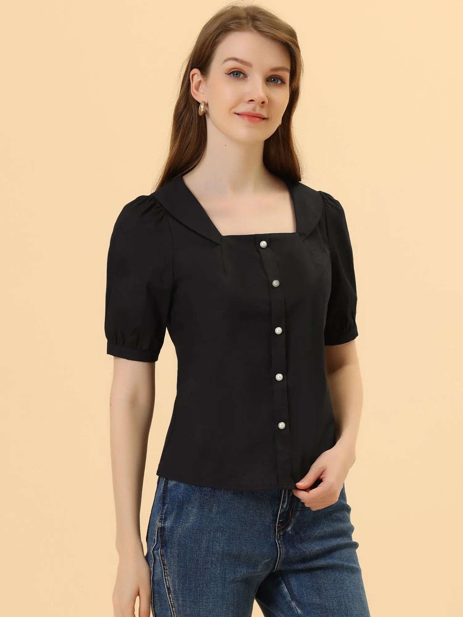 Peasant Square Neck Pearl Button Decor Casual Elegant Top
