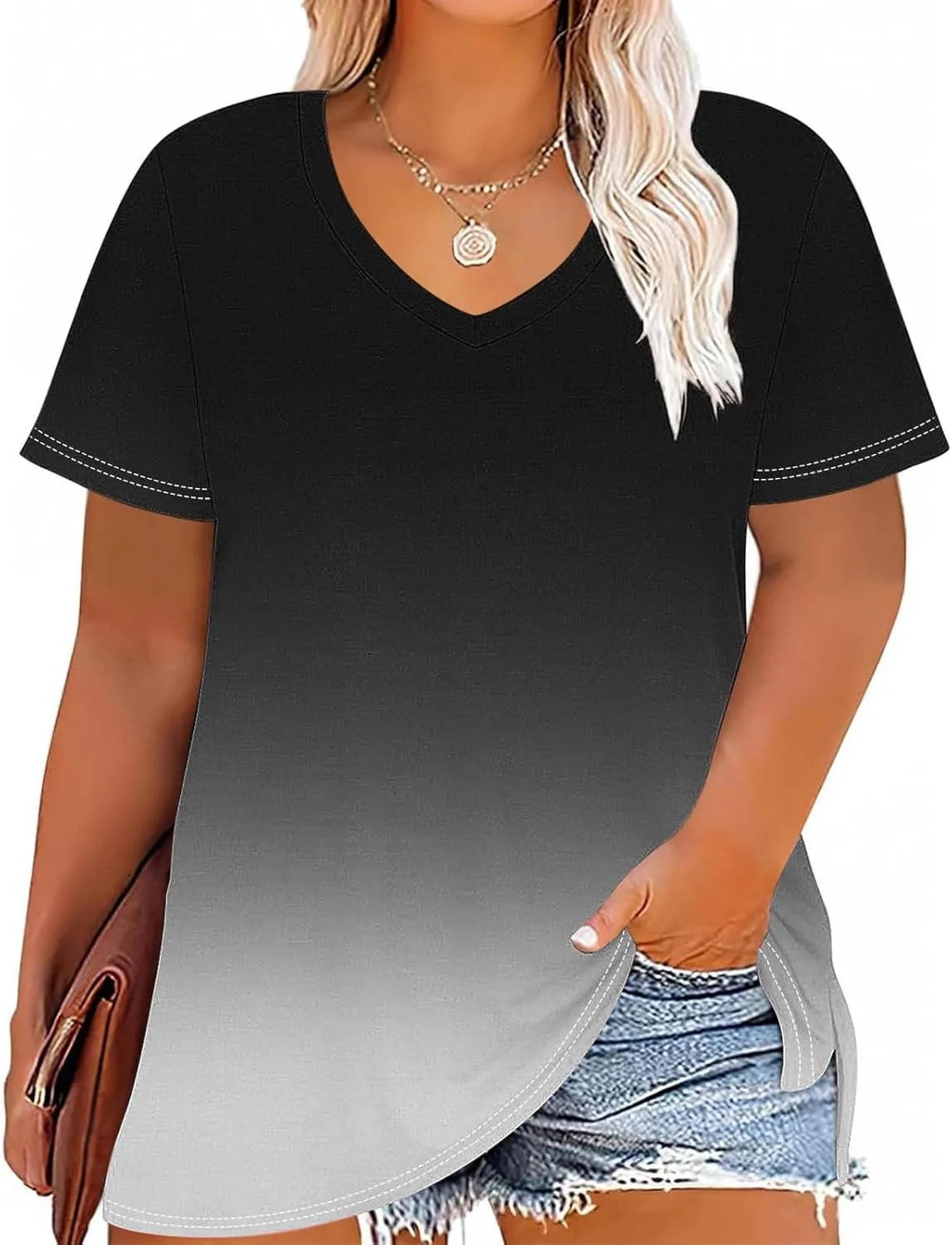 Plus Size Tops for Women Oversized Summer Basic V Neck Short Sleeve Henley Shirt 2025 Casual Gradient Tunic Blouse