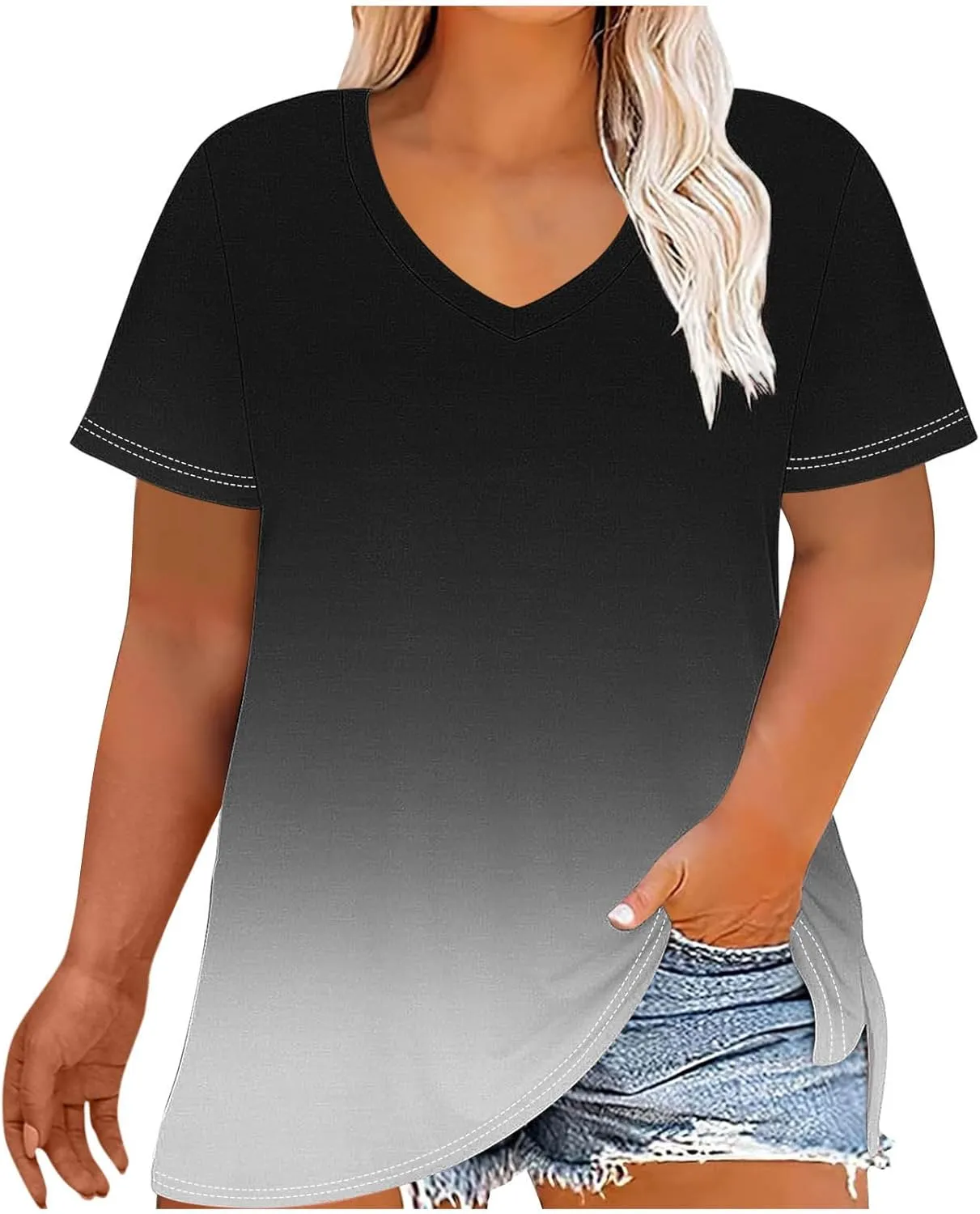 Plus Size Tops for Women Oversized Summer Basic V Neck Short Sleeve Henley Shirt 2025 Casual Gradient Tunic Blouse