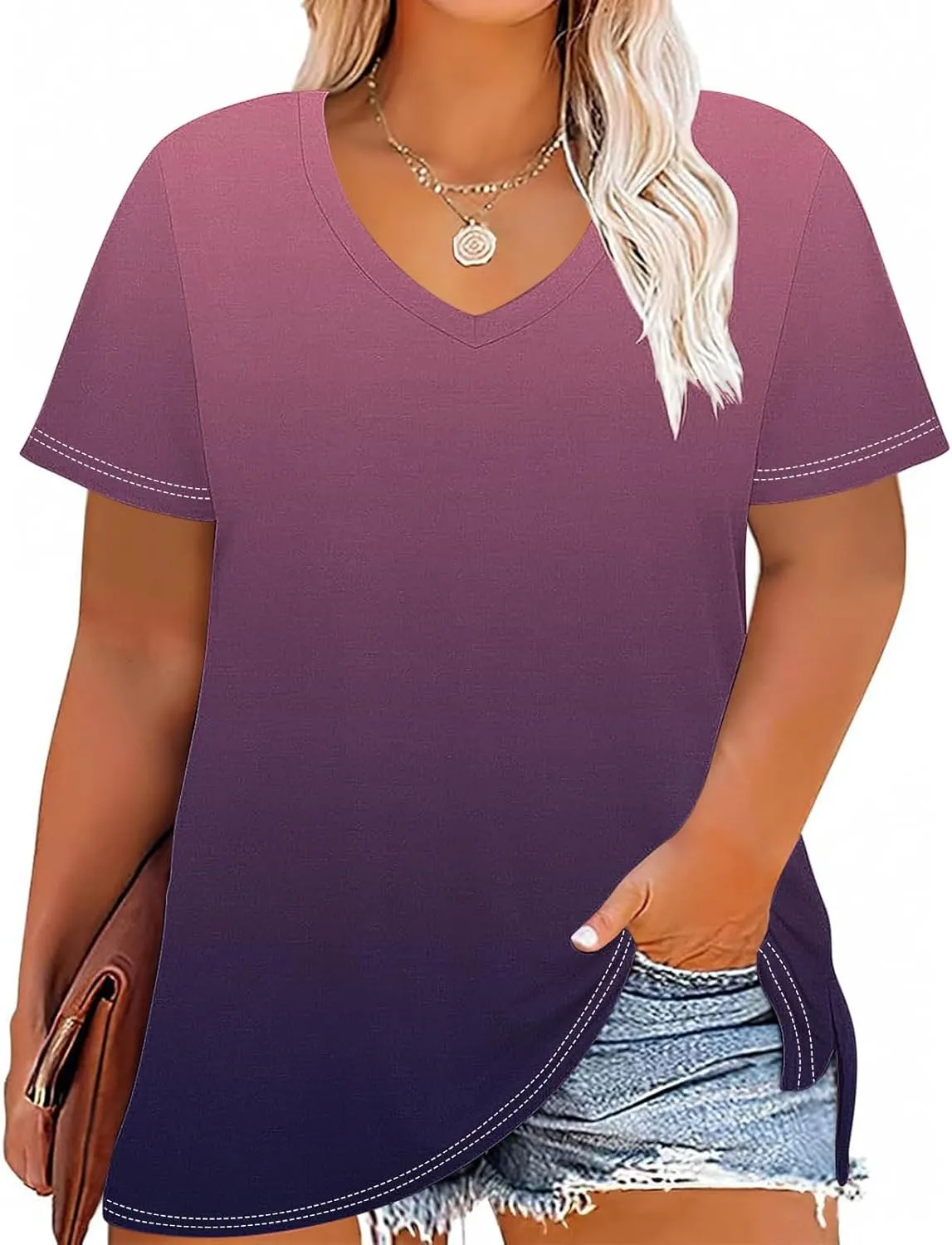 Plus Size Tops for Women Oversized Summer Basic V Neck Short Sleeve Henley Shirt 2025 Casual Gradient Tunic Blouse
