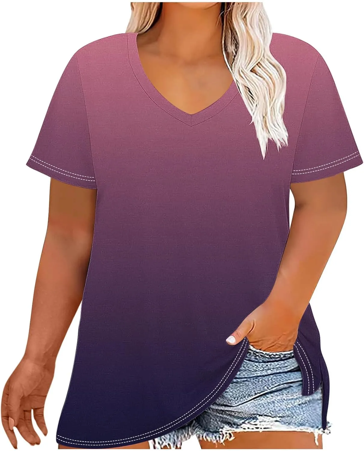 Plus Size Tops for Women Oversized Summer Basic V Neck Short Sleeve Henley Shirt 2025 Casual Gradient Tunic Blouse