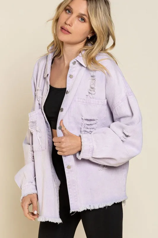 POL Clothing Oversized Fringed Disressed Denim Womens Shacket 4Colors S-L