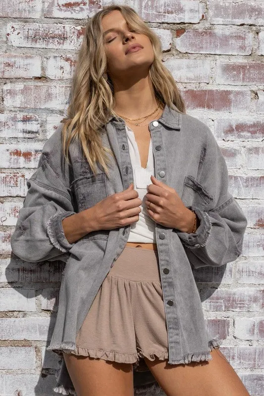 POL Clothing Oversized Fringed Disressed Denim Womens Shacket 4Colors S-L