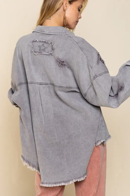 POL Clothing Oversized Fringed Disressed Denim Womens Shacket 4Colors S-L