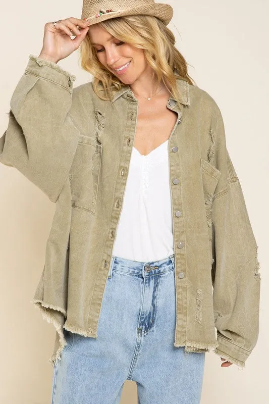 POL Clothing Oversized Fringed Disressed Denim Womens Shacket 4Colors S-L