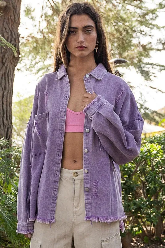 POL Clothing Oversized Fringed Disressed Denim Womens Shacket 4Colors S-L