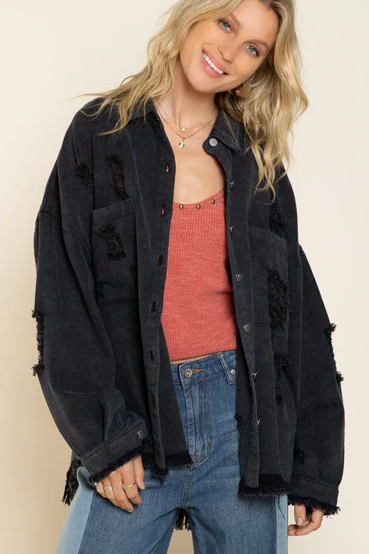 POL Clothing Oversized Fringed Disressed Denim Womens Shacket 4Colors S-L