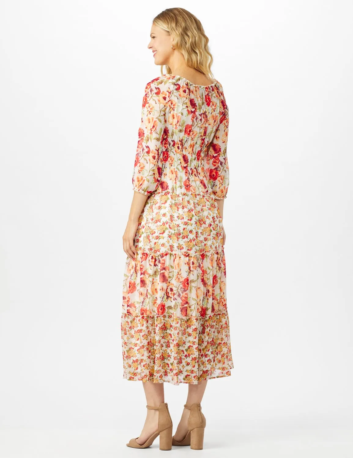 Pre-Order Mixed Ditsy Print Tiered Maxi Peasant Dress