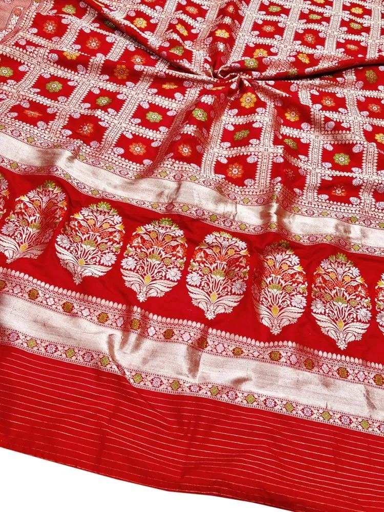 Red Handloom Banarasi Pure Katan Silk Three Piece Unstitched Suit Set